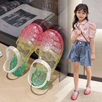 Giày Sandal Trẻ Em Thời Trang Bé Gái Gradient Màu Cầu Vồng Dệt Rỗng Giày Đi Biển Cho Bé