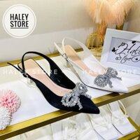 Giày sandal vân nơ nhùi HALEY STORE cao gót 5p bít mũi nhọn quai đính nơ đá xoàn lấp lánh tiểu thư công chúa đi tiệc