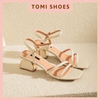 Giày Sandals cao gót quai ngang 2 dây màu đen, trắng gót đồng vuông bigsize - TOMI_SHOES