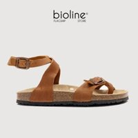 Giày sandals da bò thật nguyên tấm, màu nâu nhạt, nam nữ đế trấu quai hậu, xăng đan học sinh đi học Birken Bioline D16