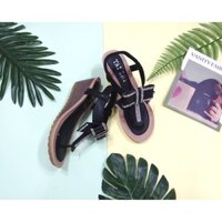 Giày Sandals đế xuồng gắn nơ đính đá màu Black xuất khẩu Hàn Quốc