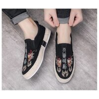 Giày slip on nam - chất liệu vải bố thêu họa tiết, đế cao su viền cói nổi bật cá tính - Mã E018 E019 E020 E021