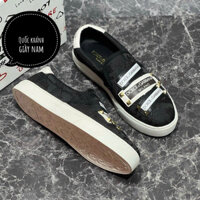 Giày slipon lười nam Dê và Gà vải dệt vân thêu mác logo da tag đá mặt đế cao su đúc nổi chữ siêu sang
