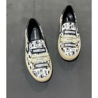 Giày slipon lười nam DG da Pu bọc vải dệt hoạ tiết hoa lá thêu mác logo da tag đá cao cấp