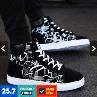 Giày sneaker nam cổ cao tăng chiều cao họa tiết đen phối trăng fashion