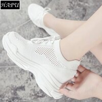 Giày sneaker nữ độn đế đẹp cổ chun HAPU (trắng)