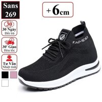 Giày sneaker nữ Sans269 tăng chiều cao 6cm cổ thun êm chân chất vải thoáng khí mát đen trắng hồng độn đế 6cm 6 phân