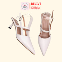 Giày sục cao gót BELIVE mũi nhọn sandal có quai hậu sau hở gót màu đen trắng mã HD84