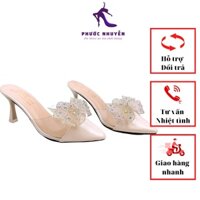 Giày sục cao gót nhọn 7p bít mũi da bóng phối trong kết nơ lưới đính đá BM40