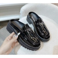 Giày sục loafer nữ da mềm mũi tròn, sục moca da bóng đế cao 4cm, giày lười nữ bản đế mới cực êm