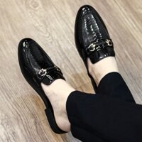 Giày sục lười nam da đen bóng in họa tiết đà điểu, giầy xục đế mềm thiết kế xích kim loại cao cấp size 38-43 RUNO G40
