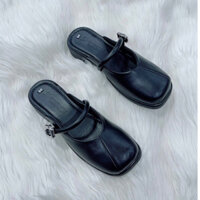 giày sục nữ bít mũi vuông hở gót cao 2p quai khuy vắt ngang