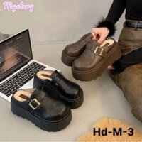 Giày sục nữ da lộn nâu dây khuy đế cao 7cm