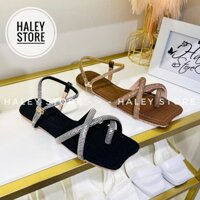 Giày táo sandal chéo HALEY STORE đế bệt mũi táo đính đá xoàn quai ngang tiểu thư đi chơi đi học đi du lịch êm chân