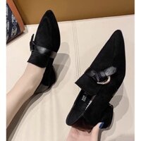 giày tây nữ mũi nhọn da lộn cao gót, giày cao gót đế trụ