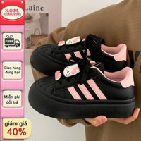 Giày thể thao đế bệt nữ, giày bánh mì hello Kitty hoạt hình nữ, giày cotton ấm áp mùa thu đông, giày thể thao đầu tròn nhung, giày nữ mới 2024