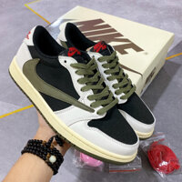 Giày thể thao Jordan 1 Low 'Travis Scott Olive', giày nam nữ JD cổ thấp Travis Scott Trắng đen vệt Rêu bản Best full PK