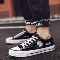 Giày thể thao nữ cổ thấp Ulzzang bata đen trắng đế bánh mì độn đế vải canvas vintage conver cute họa tiết hoa cúc