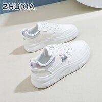 Giày thể thao nữ da trắng thông thường & thể thao ZHUXIA có Logo ngôi sao - Áo thấp, buộc dây, đế cao su