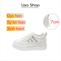 Giày Thể Thao Nữ Đế Cao, Giày Độn Đế Nữ Sneaker Cao 7cm, Lisa Gọn Ôm Chân Màu Trắng Da 3 Sọc Chống Nước M12