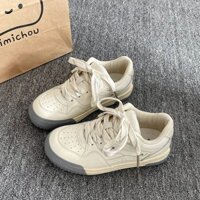 Giày thể thao nữ mũi tròn màu sắc đơn giản, thoáng khí, gót vừa, PU, thời trang ngoài trời, sinh viên, giày thể thao trắng chống trượt, giá bán buôn tại nhà máy