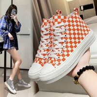 Giày thể thao nữ Ullzang caro cao cổ Giầy sneaker độn đế cam đen hàng QC cao cấp