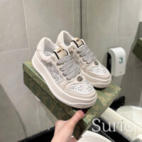Giầy thể thao sneaker đế cao, bản kết cườm đá bling bling, viền da xịn màu kem mix đá sáng lấp lánh(Sẵn) (Sẵnn)