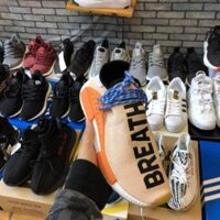 Giày thể thao sneaker human race nam nữ màu cam đế vàng, dây vằn xanh, chữ breath sẵn Hà Nội