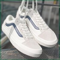 Giày thể thao Vans old skool trắng xanh navy, Giày Vans trắng xám sọc đen nam nữ cao cấp full box