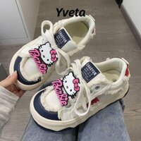 Giày thể thao YVETA Platform, Giày trắng Hello Kitty đầu to, Giày trượt ván đáy dày màu xanh hồng hỗ trợ thấp
