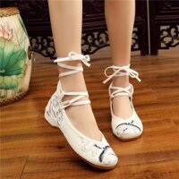 Giày thêu cò trắng 2 loại quai gài và buộc dây