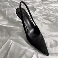 Giày tiên bít mũi màu đen cao gót giày một lớp mũi nhọn satin mùa hè