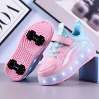 Giày trượt patin bốn bánh có đèn LED cho bé trai và bé gái, màu hồng, có thể sạc lại qua USB