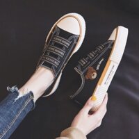 Giày vải canvas gấu thêu dây thun cho nữ, giày thể thao thấp mới cho sinh viên mùa xuân, giày lười dễ mang