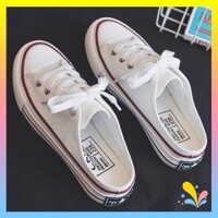 Giày Vải Giày Trắng Flat Retro Mũi Tròn Thoáng Khí
