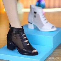 Giày Xăng đan mẫu mới mùa hè 2024 thương hiệu lớn Bốt ngắn sợi lưới gót cao vừa da thật cho nữ bốt thời trang kiểu La Mã đế thô chống trượt