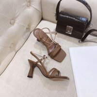 Giày xăng đan nữ màu nâu dây 2 mảnh quai hậu, khóa cài thanh lịch, gót cao 6 phân