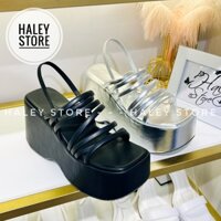 Giày xuồng sandal dây bạc đen HALEY STORE gót 9cm đế xuồng quai kéo tiểu thư công chúa đi chơi du lịch biển êm chân