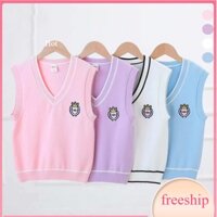 Gile len cho bé size đại, Áo gile len bé gái 7-16 tuổi cổ tim viền kẻ thêu thỏ đanh sợi không bai xù dáng thời trang