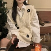 Gile len nữ cổ V form thụng phong cách Hàn Quốc, Áo gile nữ phối hoa chất len dệt cao cấp C11