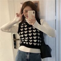 Gile Len Ulzzang Nữ Hàn Quốc, Áo Gile Len Dáng Vừa Họa Tiết Hình Trái Tim Cổ Chữ V HotTrend 2021 Cao Cấp