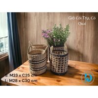 Giỏ Cói Có Quai, Shape Trụ, Decor Viền Trắng + Đen, Ô Vuông | giỏ cắm hoa giả, decor trang trí Danit Pottery