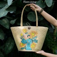 Giỏ cói - giỏ cỏ bàng đi biển oval túi vải rút quai ống bàng