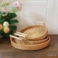 Giỏ đan bằng mây Việt Nam, lưu trữ đồ ăn nhẹ, đĩa trái cây tròn nhỏ, phong cách cổ điển, giỏ tròn nhỏ
