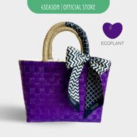 Giỏ đan tay thủ công handmade Việt Nam có lót canvas và quấn khăn lụa sẵn/ Túi xách đan nhựa màu tím Huế (KÈM ẢNH THẬT)