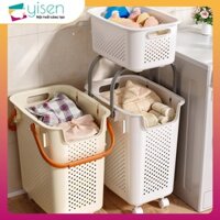 Giỏ đựng đồ giặt bẩn bằng nhựa có bánh xe, Giỏ đựng đồ chơi trẻ em màu trắng có tay cầm di động