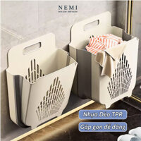 Giỏ đựng quần áo bẩn nhà tắm thiết kế tay cầm treo tường gấp gọn. Giỏ gấp gọn chất liệu nhựa dẻo  PP + TPR kèm miếng dán