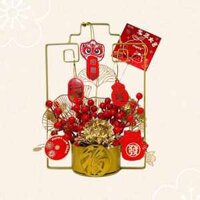 Giỏ hoa đào đông cao cấp decor nhà cửa, trang trí tết , bình hoa đào đông đỏ đem lại may mắn tài lộc