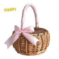 Giỏ hoa dệt bấc, có tay cầm và ruy băng hồng, Giỏ hoa cưới cho bé gái, để trang trí sân vườn tại nhà (S)