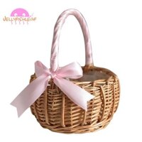 Giỏ hoa dệt bấc, có tay cầm và ruy băng hồng, Giỏ hoa cưới cho bé gái, để trang trí sân vườn tại nhà (S)